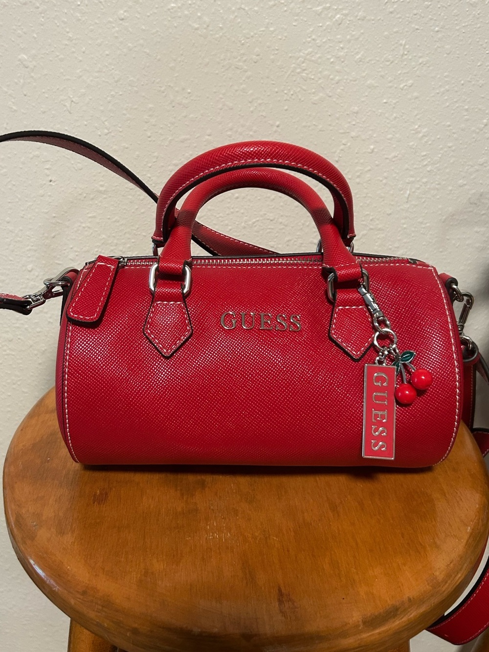 GUESS Red Barrel Satchel with Cherry Charm NWOT